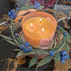 Vintage Tole Candleholder Blueberries Wreath 3 Wick Footed Cottagecore